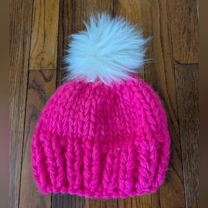 Pink Knit Beanie with White Pom Pom
